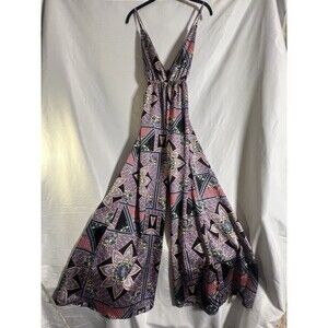 Forever 21 Medallion Wide Leg Jumpsuit M Black Boho Festival Palazzo V Neck